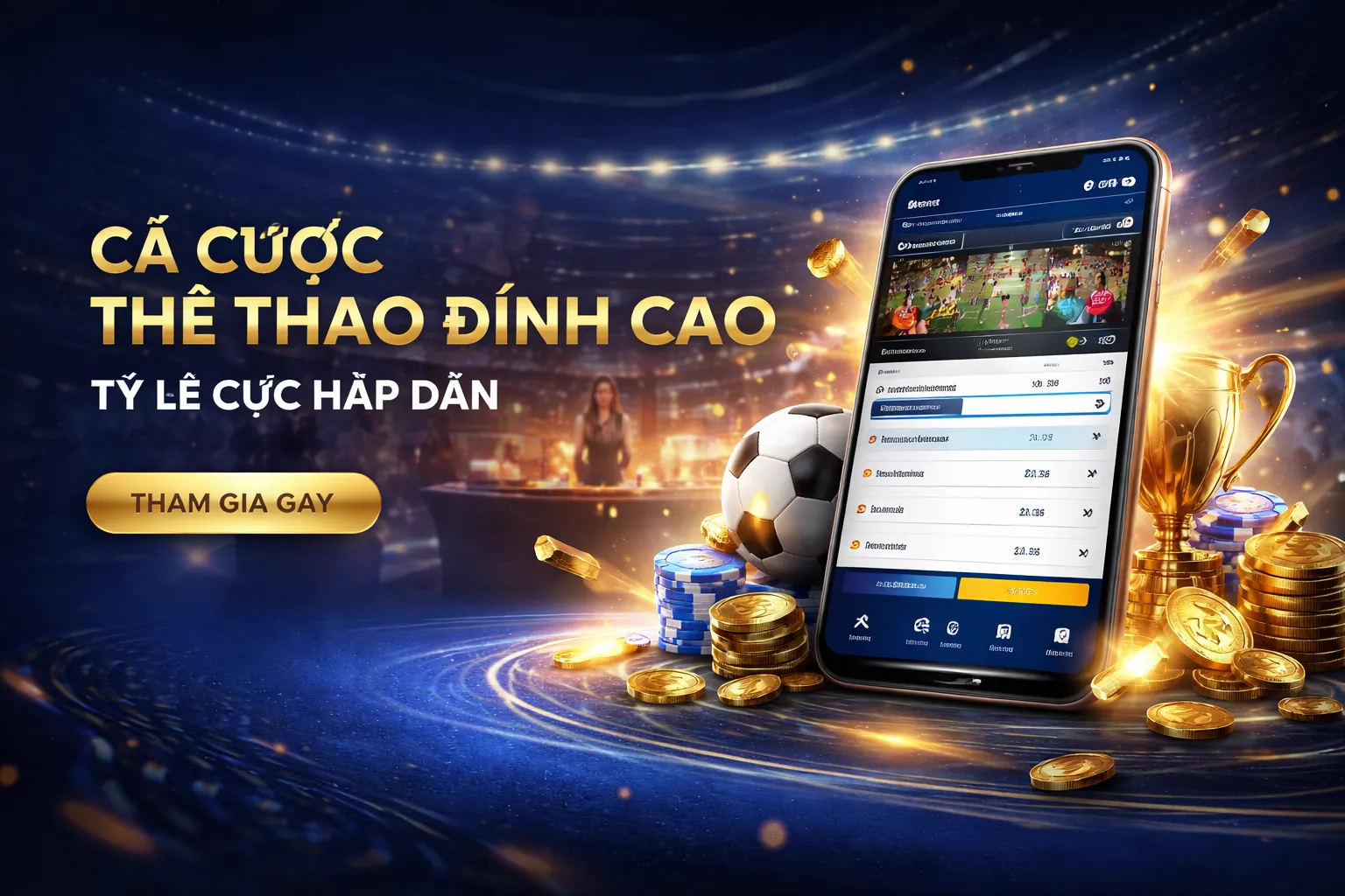 Sân vận động thể thao với ánh đèn rực rỡ và logo binh88